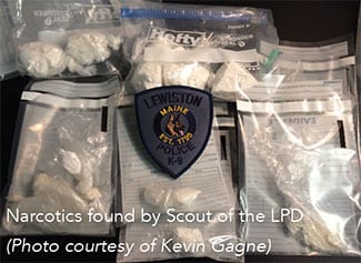 Narcotics found by k9 officer scout of the Lewiston Maine Police Department